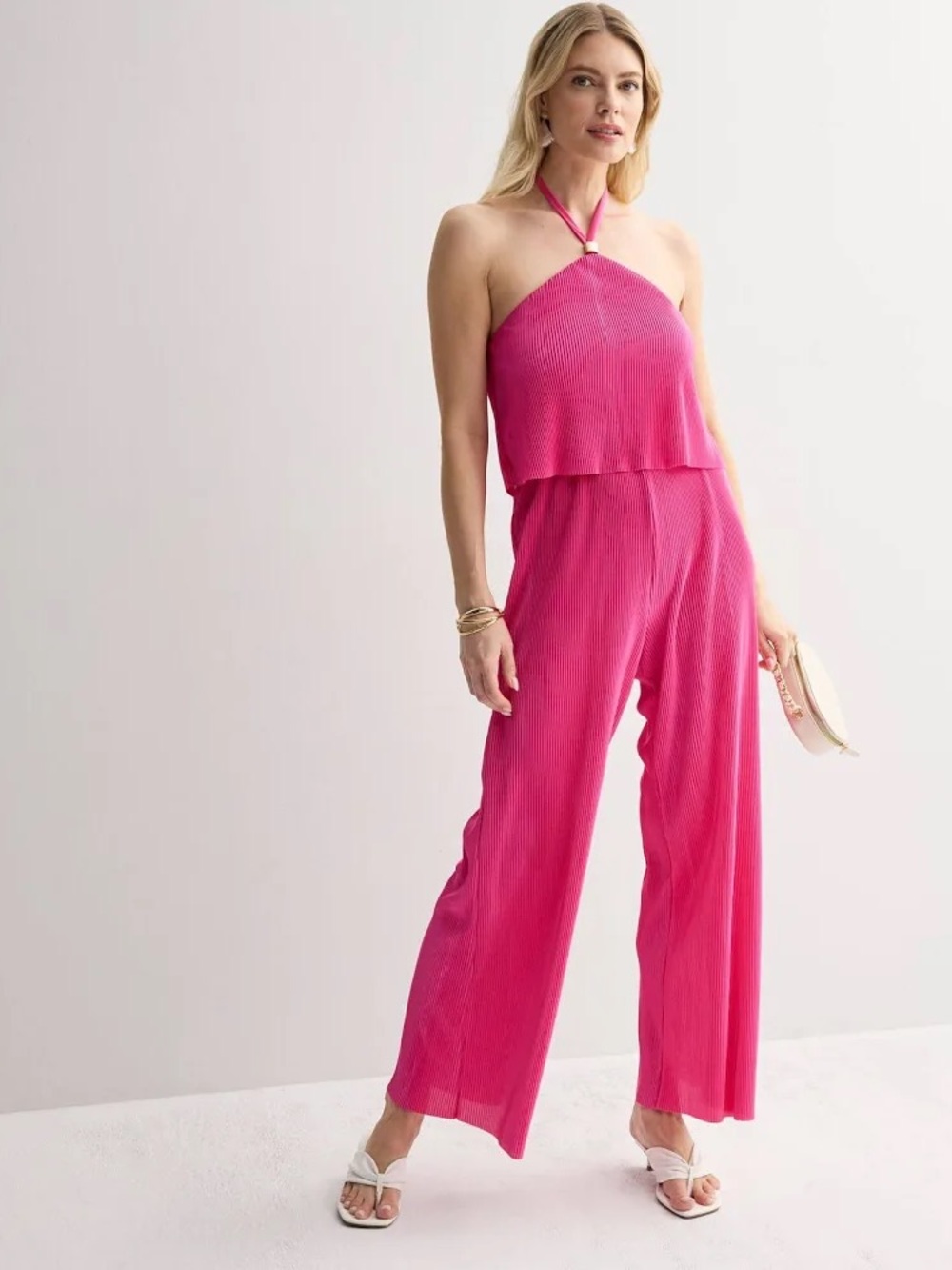 Kohl's Bright Pink Halter Wide-Leg Jumpsuit